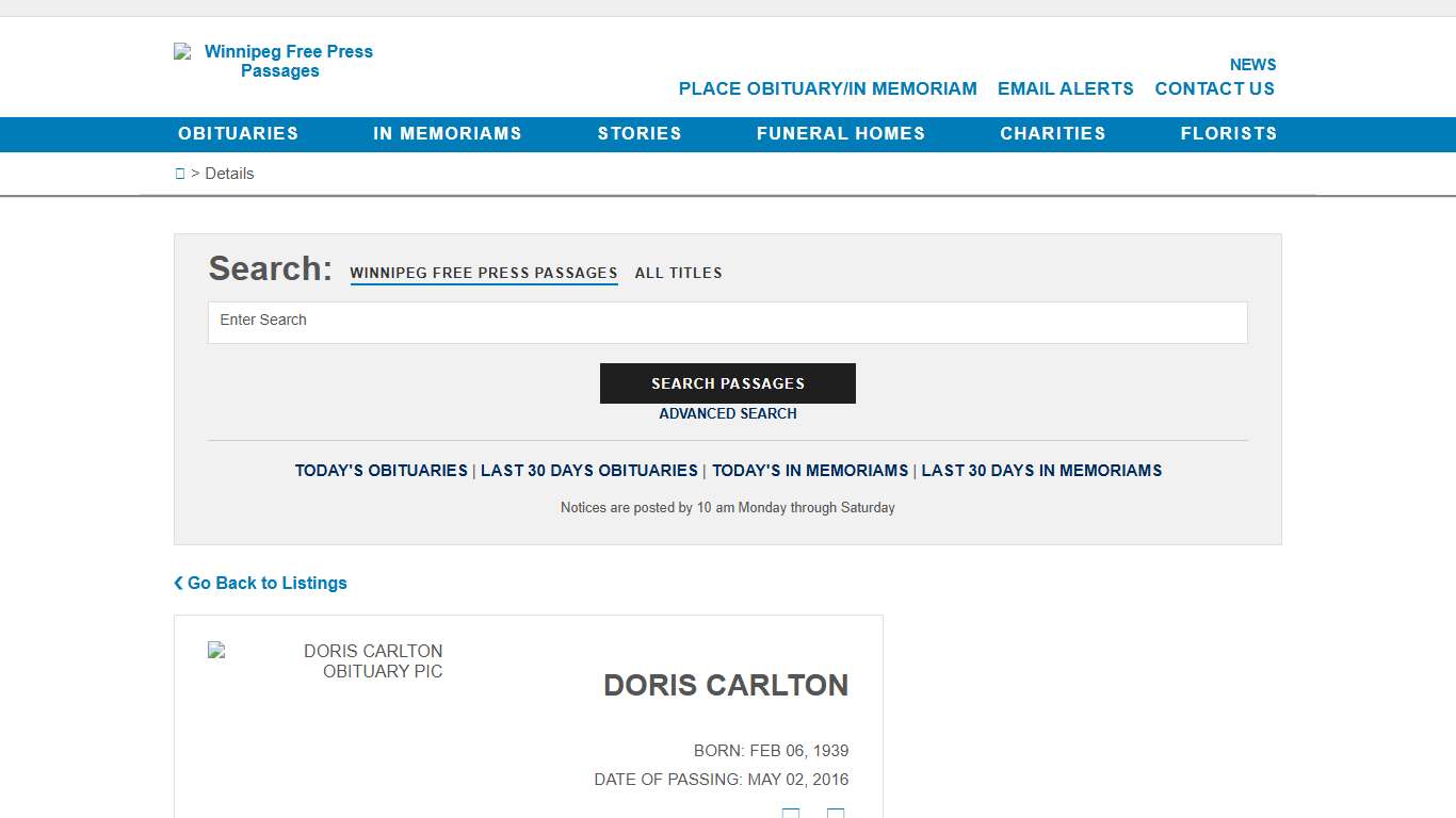 CARLTON DORIS - Obituaries - Winnipeg Free Press Passages